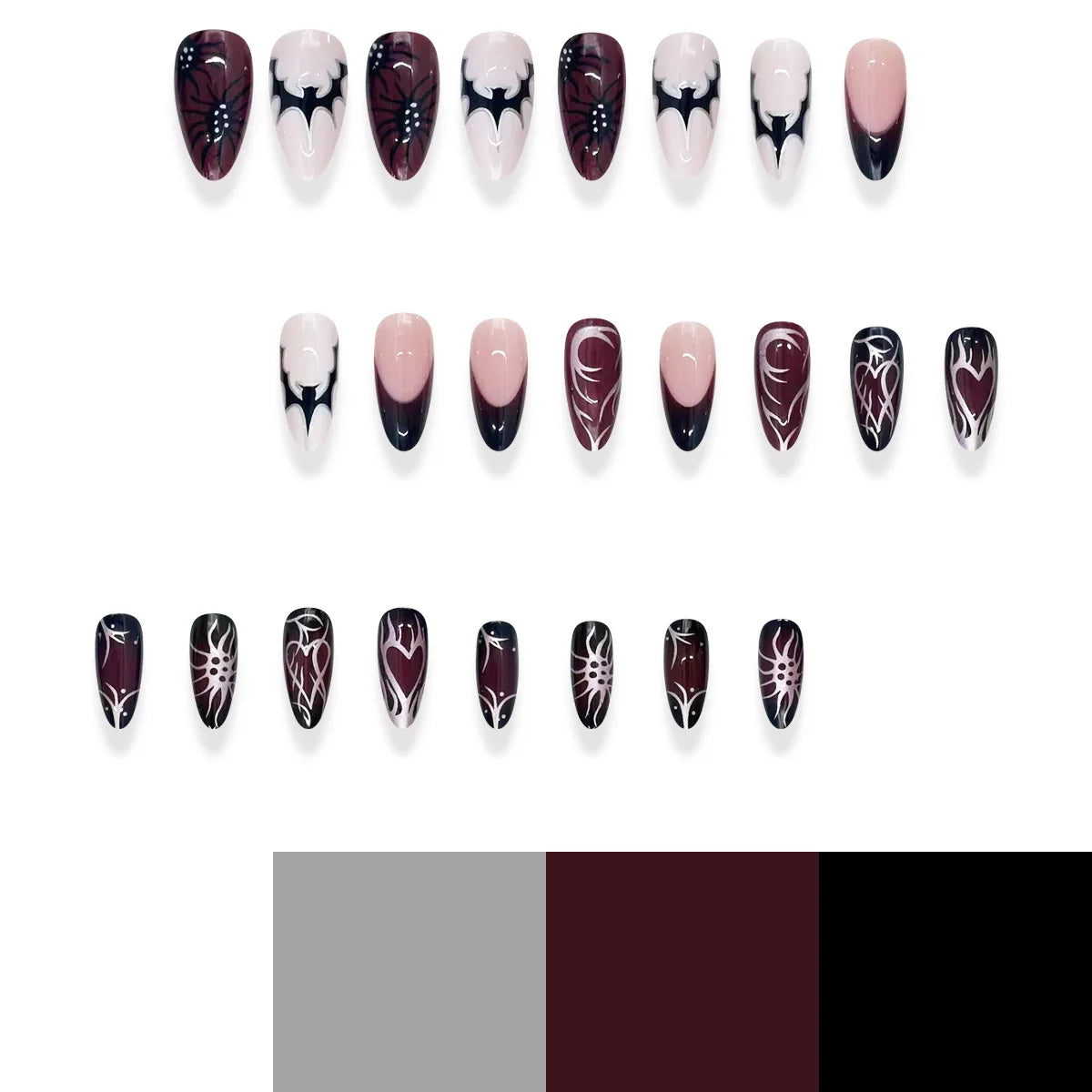 24pcs Almond Halloween Press on Nails Punk Metal Black Red Gradient French Fake Nails Bat Spider Pattern Halloween False Nails