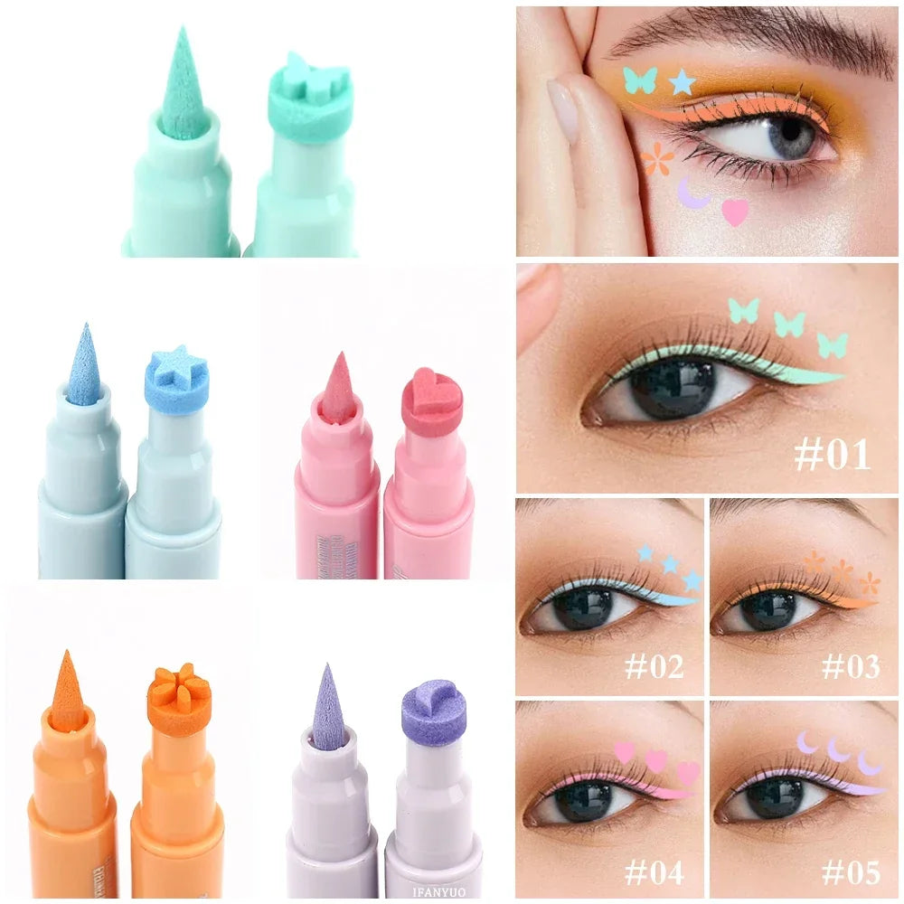 2-in-1 Pastel Stamp Eyeliner Pen Set – Matte Liquid Eye Liner with Heart, Butterfly, Star, Moon, and Flower Stamps for Creative Makeup