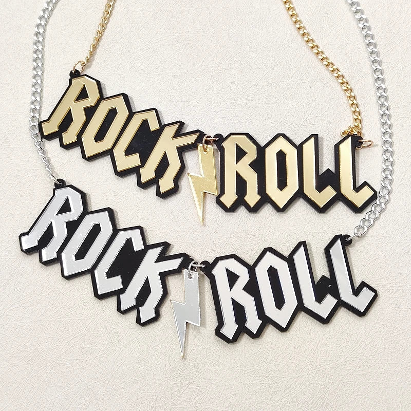 KUGUYS ROCK ’N ROLL Pendant Necklace - Punk Acrylic Letter Jewelry for Women and Men, Clavicle Chain Accessories