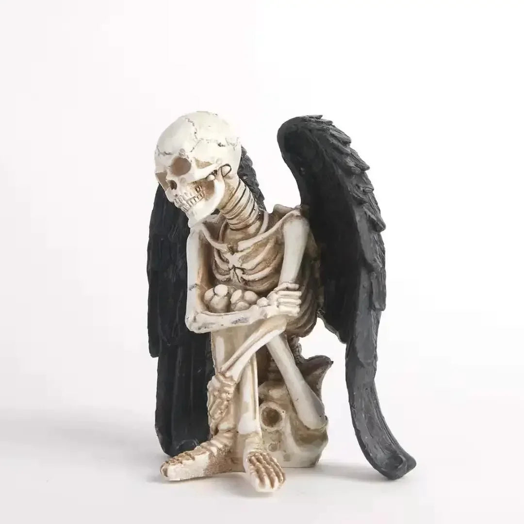 Resin Skeletons Statue with Black Angel Wings | Collectible Skull Figurine for Home Decor