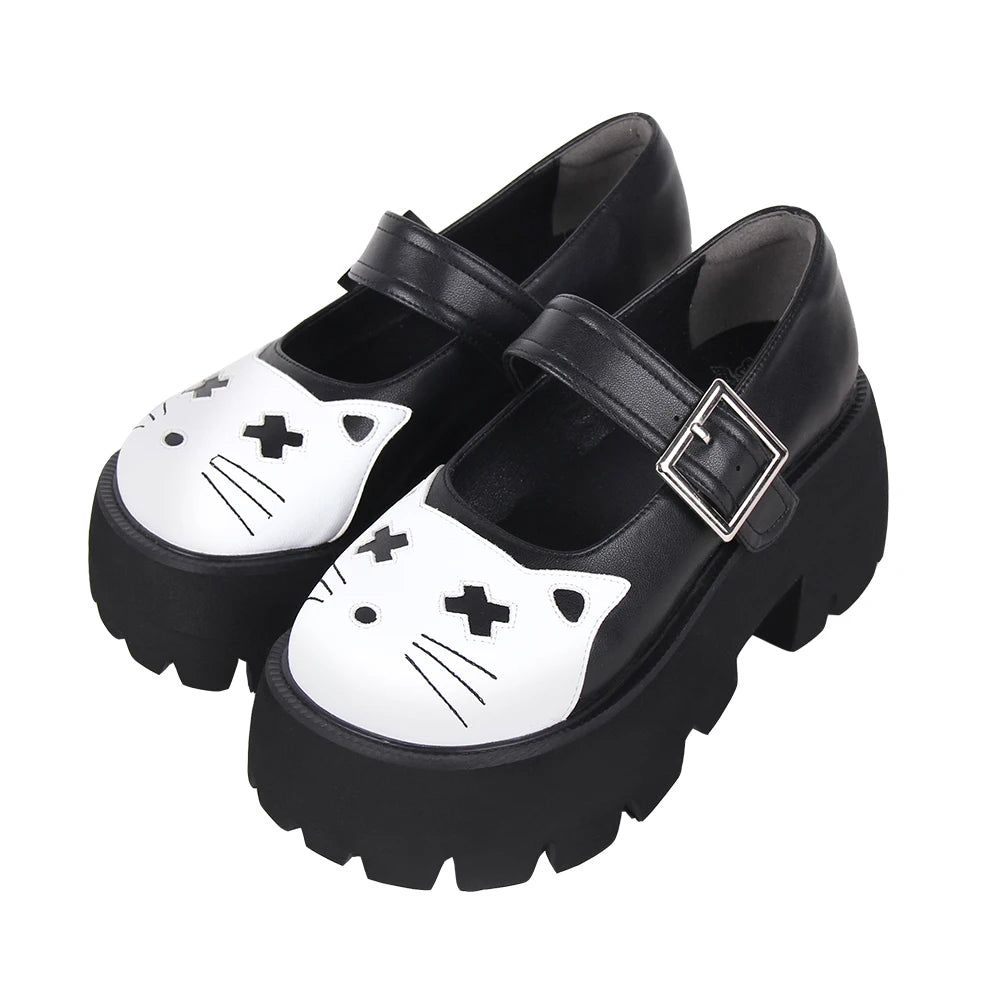 Women’s and Girls’ Lolita Punk Rock Chunky Mary Jane Shoes - 8 cm High Heel with White Cat Toe Accent