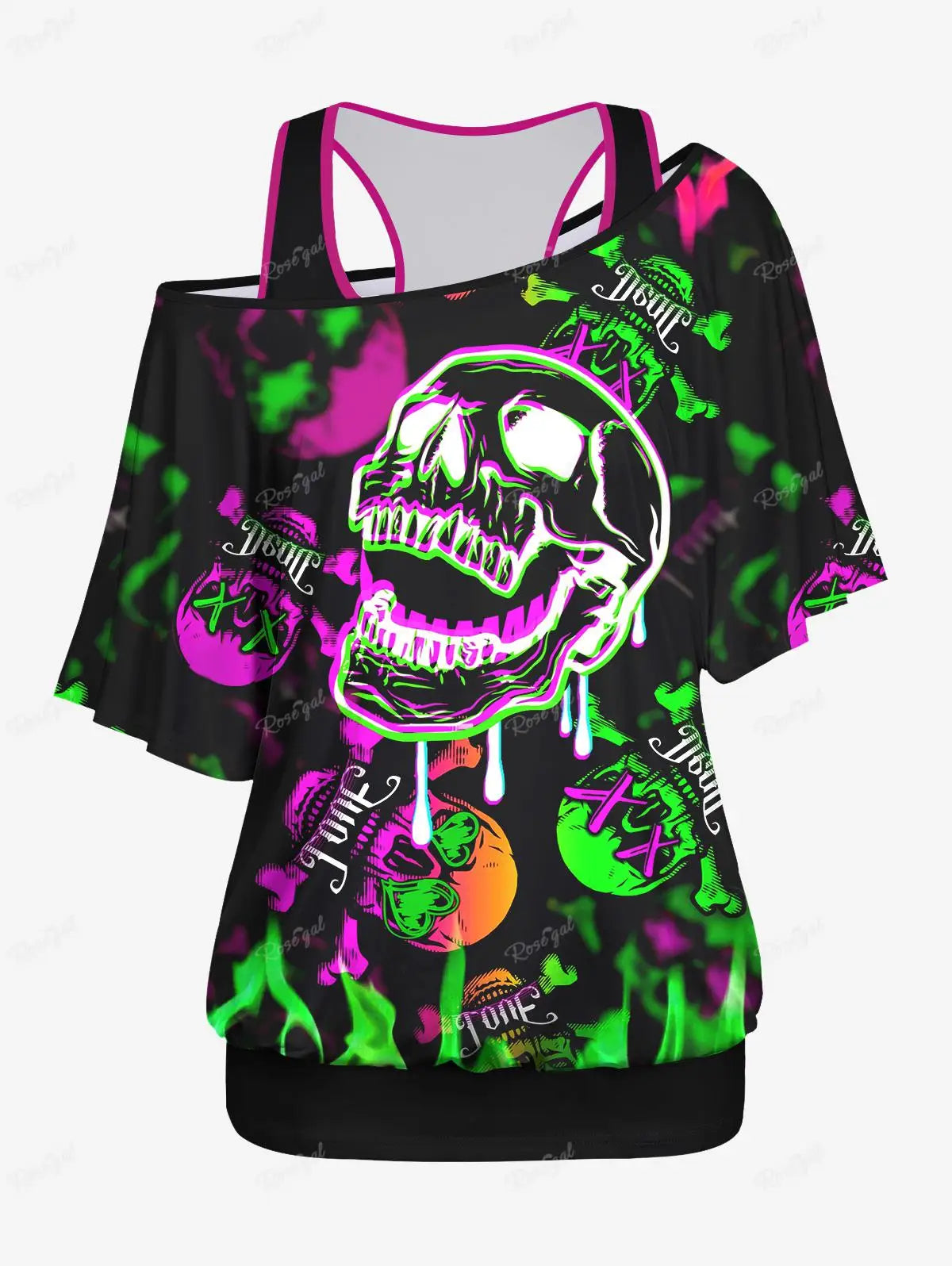 Plus Size T-shirt Set 2024 New XS-6X - Y2K Solid Racerback Tank Top and Skew Neck Batwing Sleeves with Ombre Skulls Fire Print