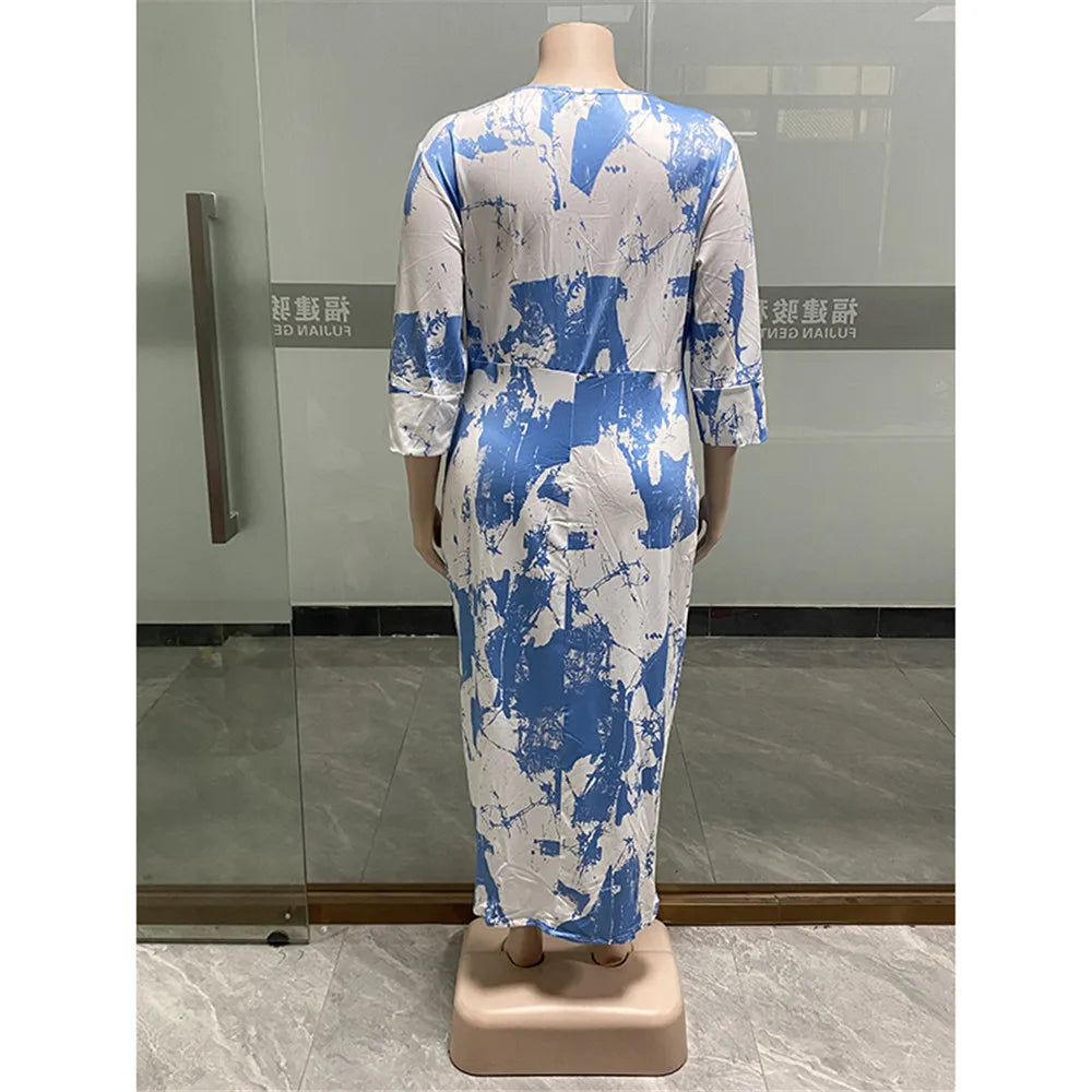 Wmstar Plus Size Dresses for Women 4xl 5xl Tie Dye V Neck  Draped Slip Hem Sexy Maxi Dress Office Lady Wholesale Dropshipping