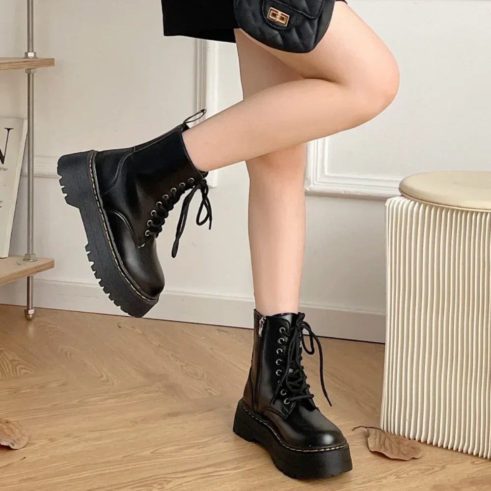 Women Martin Boots Casual Shoes Woman Leather Chelsea Ladie Classic Punk Female Goth Shoes High Platform Boots Women Botas Mujer