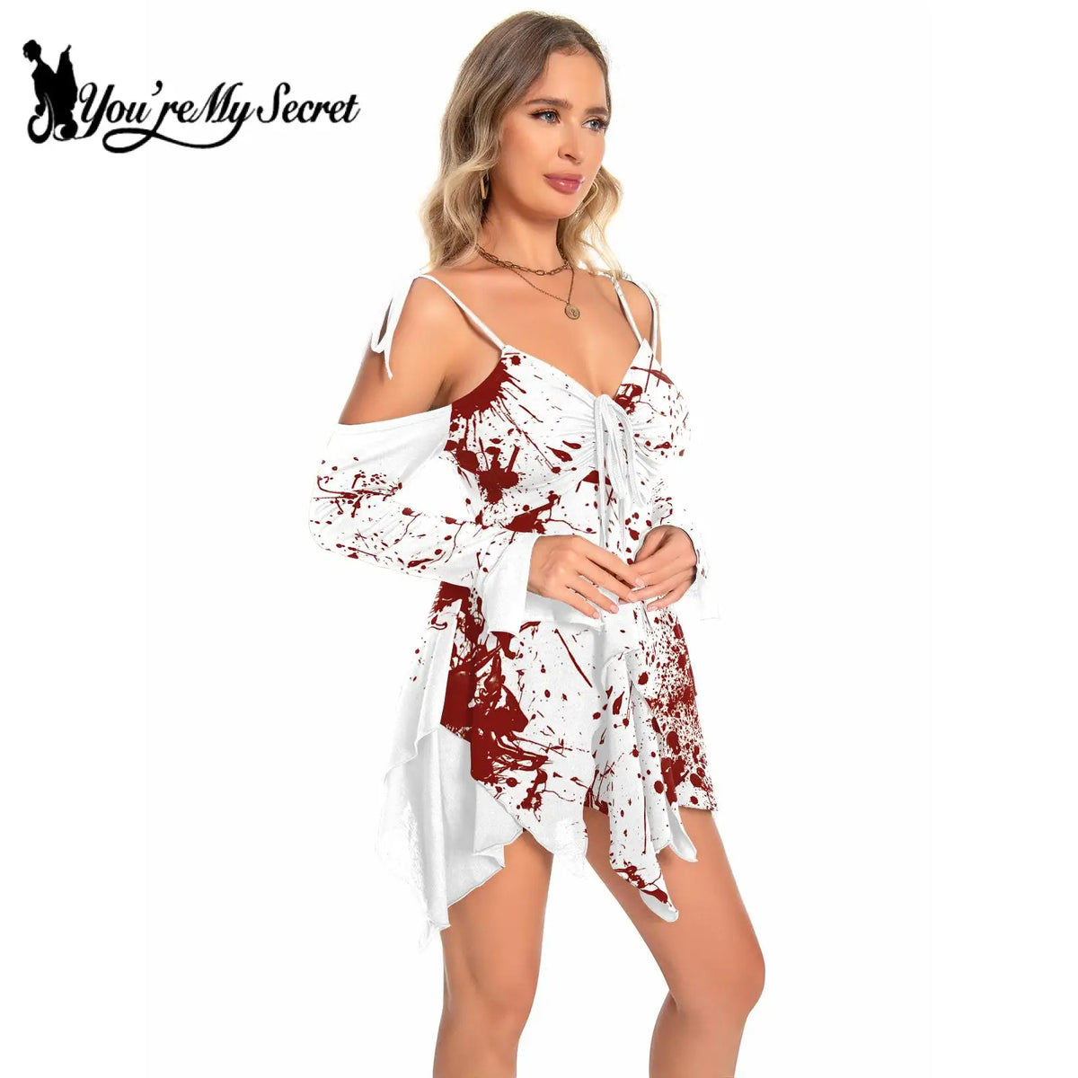 [You're My Secret] Adult Women Cosplay Halloween Harley Clown Bloody Costume Party Long Sleeve Midi Backless Dresses Female