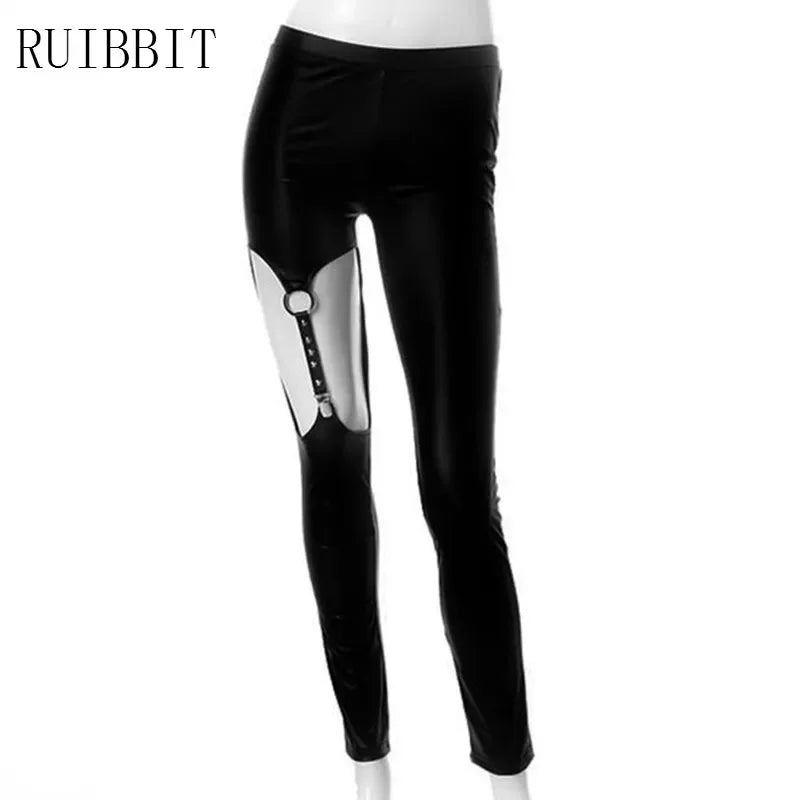 Gothic Punk Harajuku Leather Strap Ring Rivet Pencil Pants - Women’s Black Casual Tight Trousers with Hollow Design