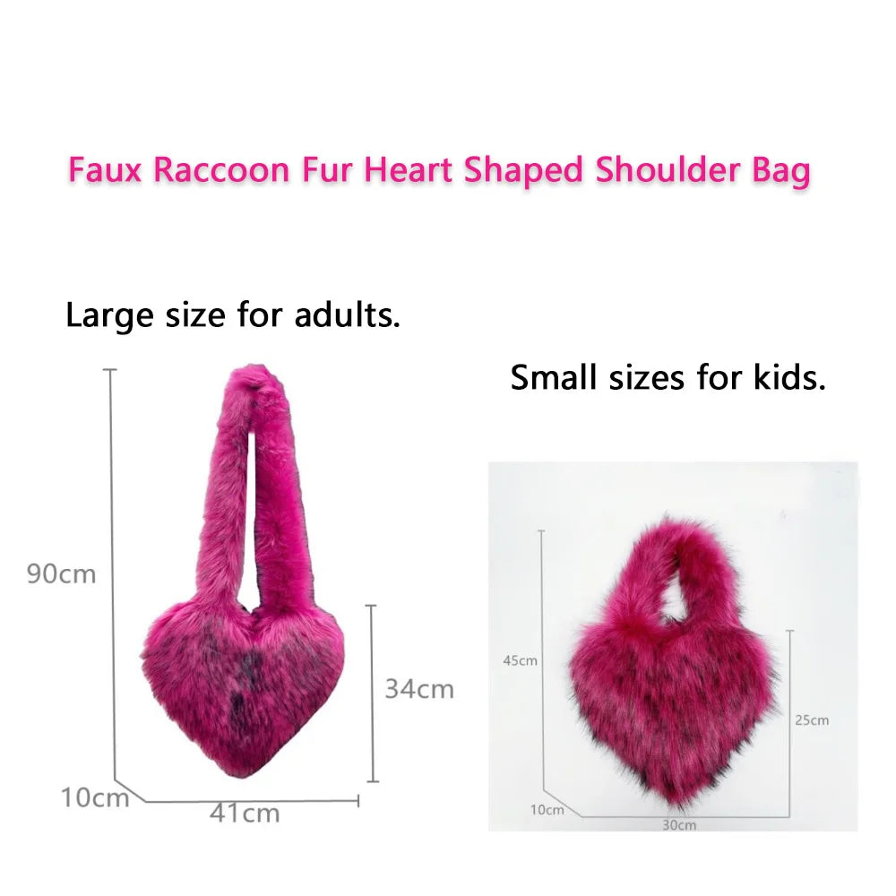 Fluffy Plush Winter Women's Handbags – Heart-Shaped Faux Raccoon Fur Shoulder Bag, Cute Love Tote Bag