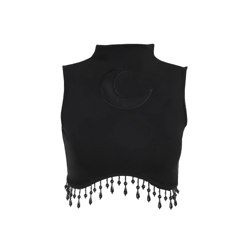 Y2K Goth Moon Lace See-Through Crop Tank Tops High Collar Sleeveless Tassel Vintage Summer Streetwear