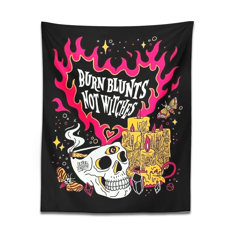 Skull Tapestry Wall Hanging | Psychedelic Burn Blunts Not Witches Moon Moth Divination | Boho Witch Skeleton Decor