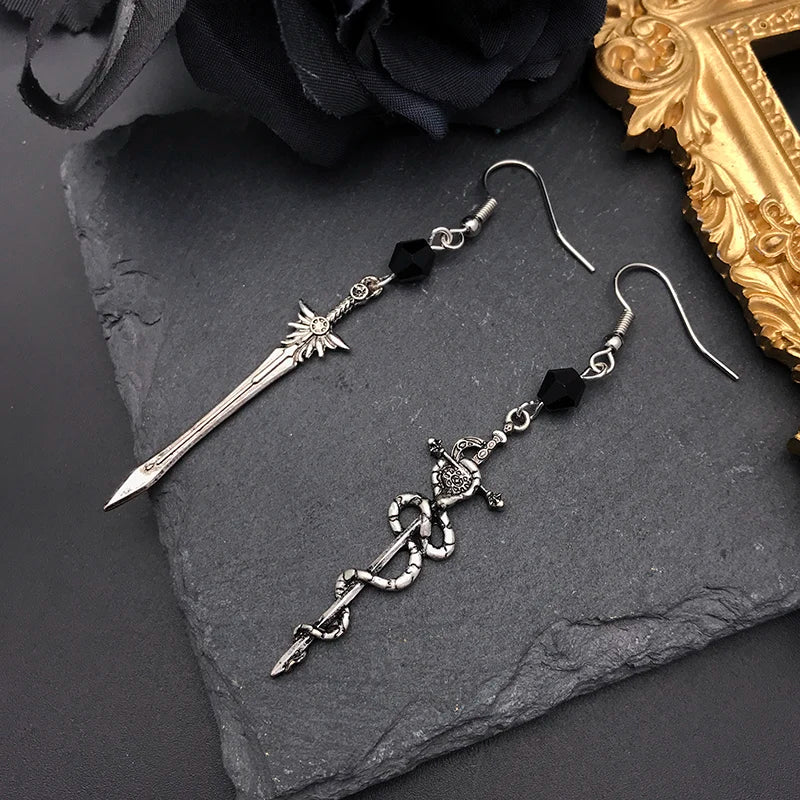 Vintage Sword Dark Gothic Snake Dagger Silver Color Drop Earrings