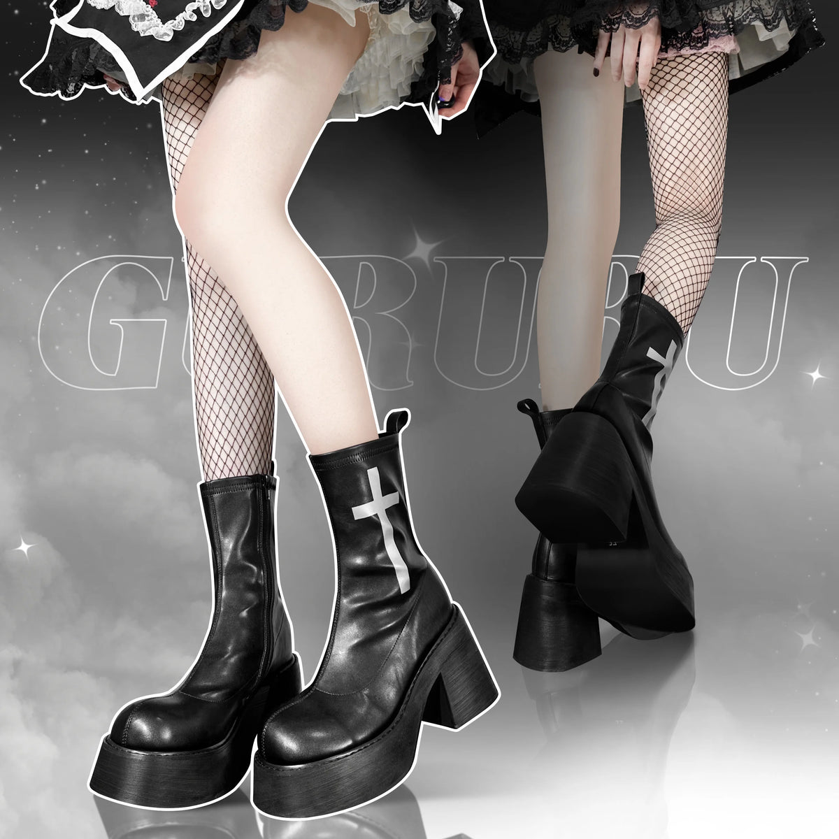 GURURU's Original Gothic Cross Elastic Boots With Thick Soles High Sponge Soles Short Boots PU Fashion Shoes