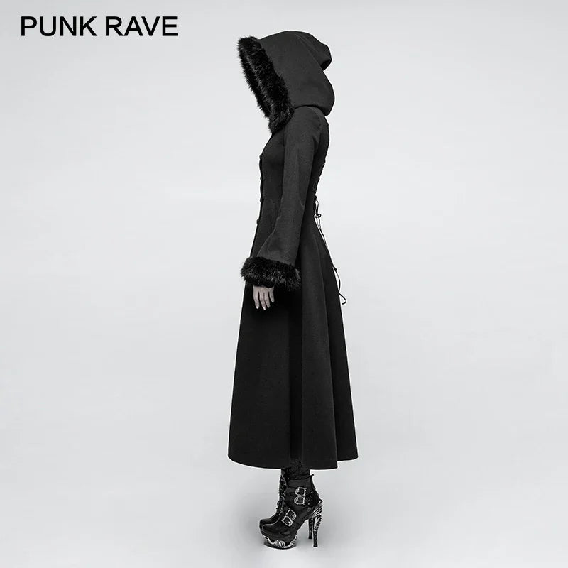 PUNK RAVE Women's Gothic Winter Coat - Black Long Worsted Coat with Disc Flowers and Embroidery, Hooded Raincoat for Autumn