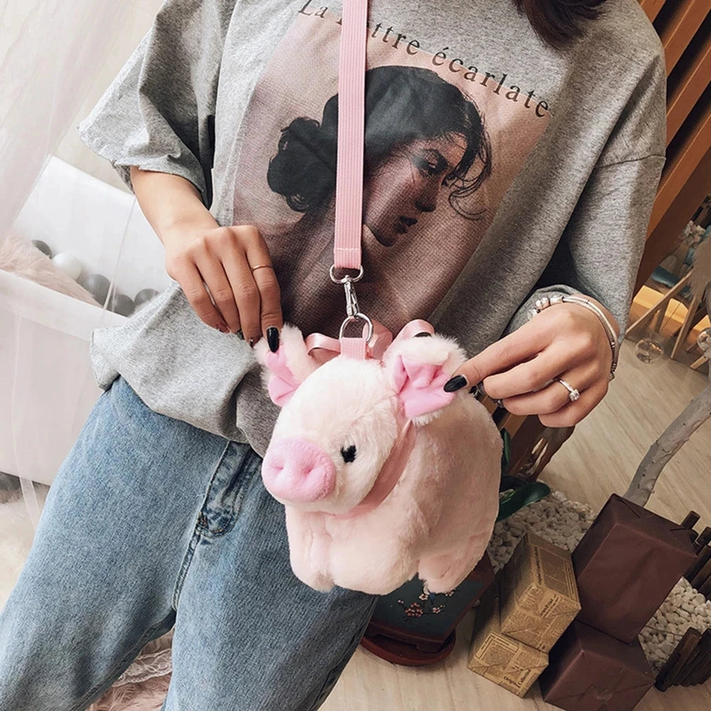 Pink Piglet Plush Bag - Medium Capacity Shoulder Bag, Cute Cartoon Doll Handbag, In Style Crossbody Messenger Bag for Ladies