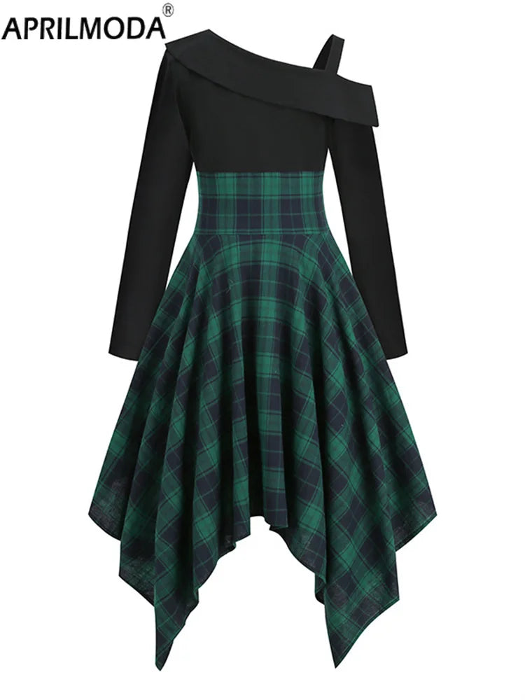 Asymmetrical Plaid Patchwork Dress – Women’s Gothic Grunge Aesthetic Flare Dress, Autumn Fashion