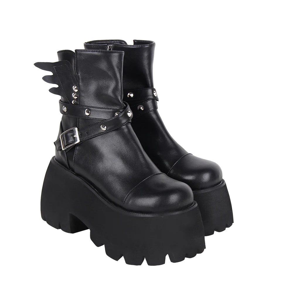 Women’s Motorcycle Chunky Platform Ankle Boots - Side Zip with Rivet and Angel Wing Accents