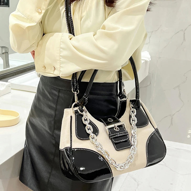 JIOMAY Luxury Designer Handbags 2022 - Canvas Splicing Shoulder Bags with Patent Leather Chain Crossbody