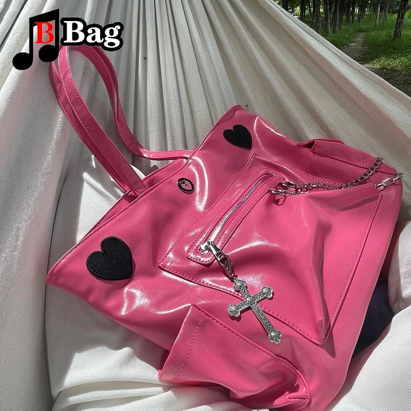 Large Capacity Commuting Leather Bag | Fashionable and Versatile Hot Pink Tote | One Shoulder Handbag with Chain and Heart Accents