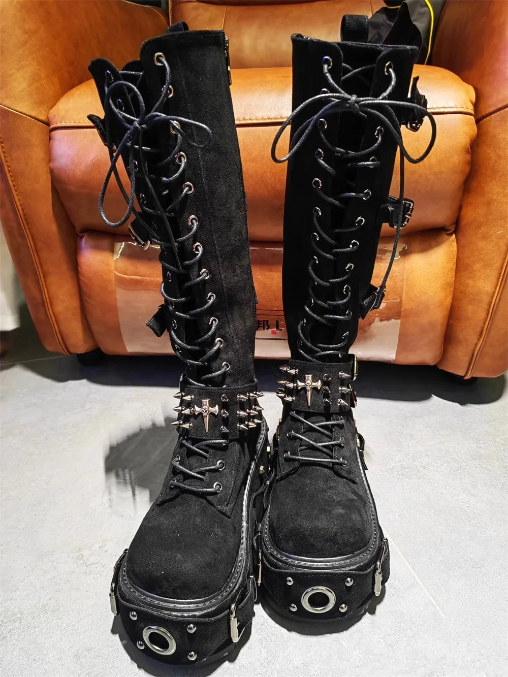 Women Motorcycle Boots woman high Heels pumps Lady knight boots girl punk Gothic long boots customized shoes rock heavy industry