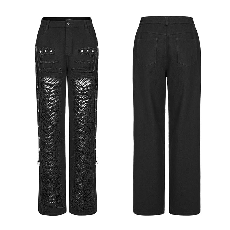 PUNK RAVE Men's Steampunk Doomsday Ripped Twill Denim Pants Personality Punk  Casual Handsome Loose Black Men Trousers