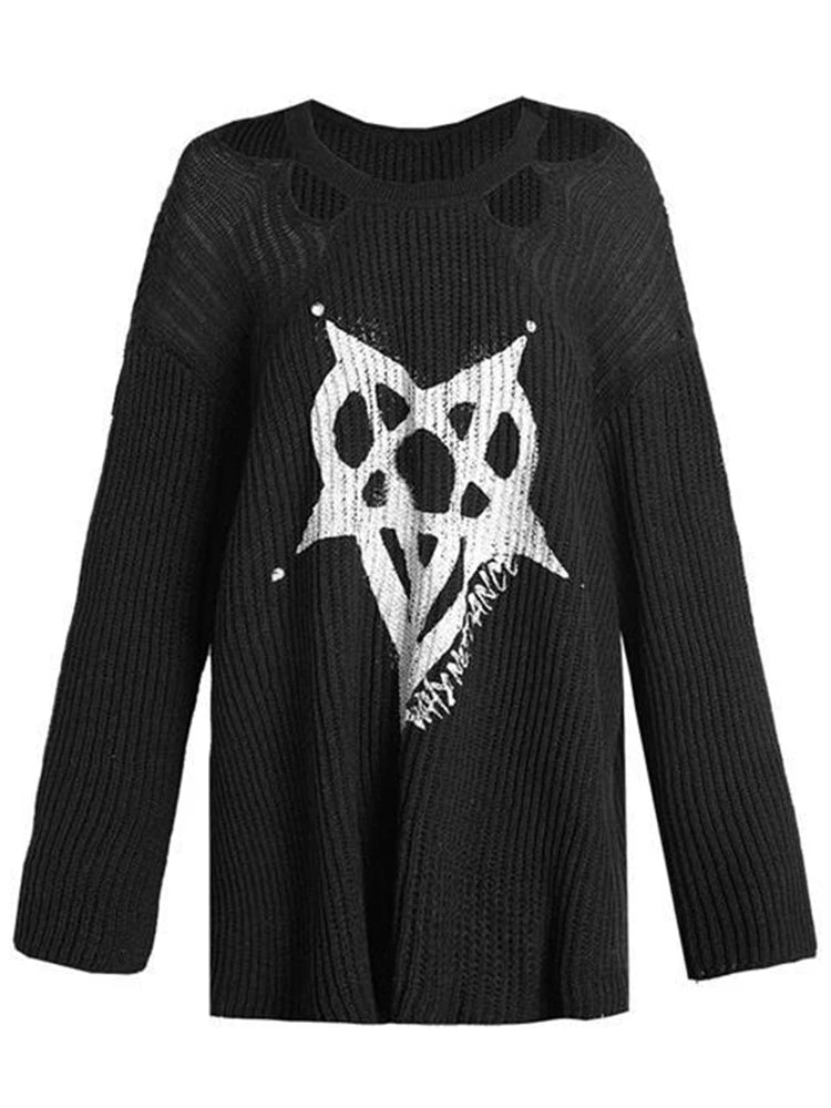 AltGoth Harajuku Streetwear Knitted Sweater Women Cyber Punk Y2k Pentagram Printed Long Sleeve Hollow Out Loose Casual Pullover