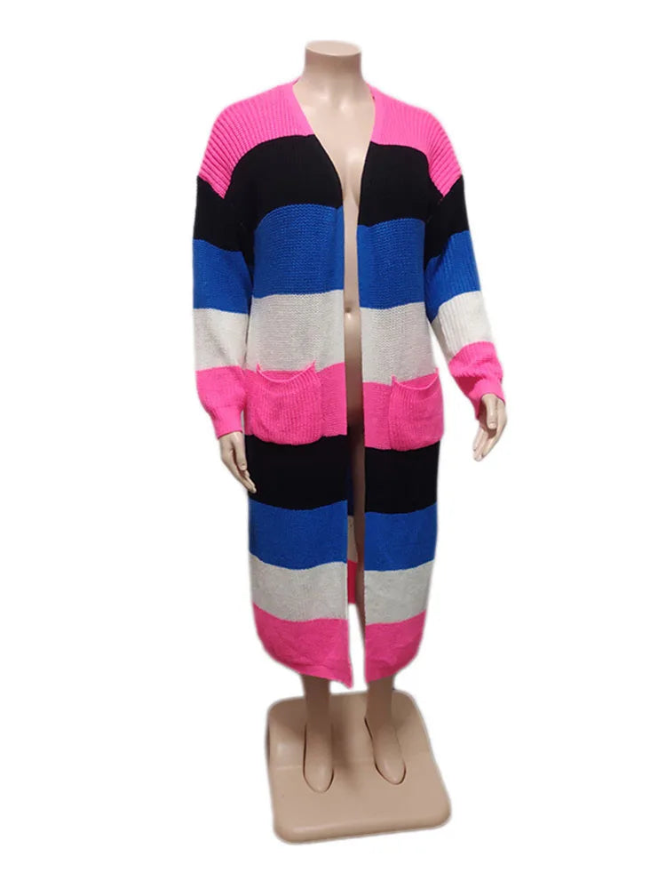 Bold Striped Cardigan for Women – Long Winter Plus Size Knitted Sweater with Pockets