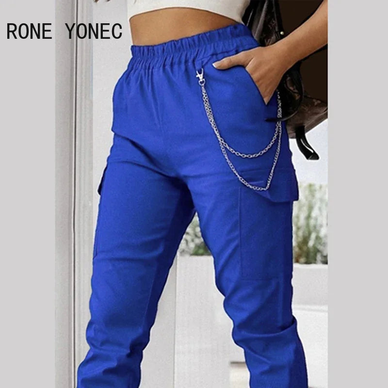 Women Casual Solid Multi-Pocket Cargo Pants with Chain Decoration - High Street, Ankle-Length