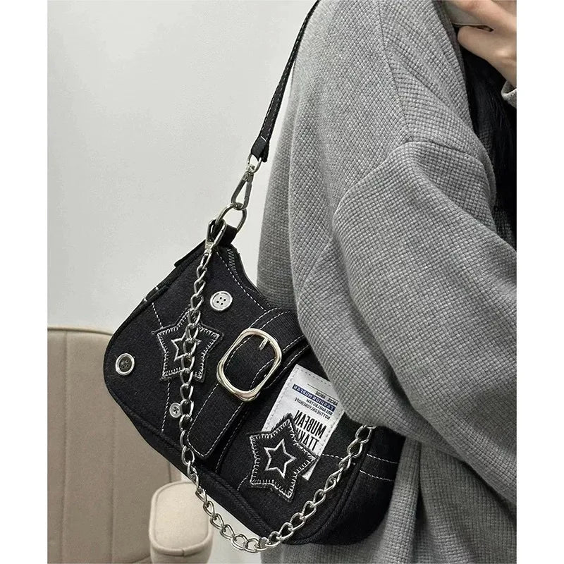 2024 Fashion Denim Canvas Shoulder Bag - Women’s Star Embroidery Y2K Hobo Bag with Zipper and Chain