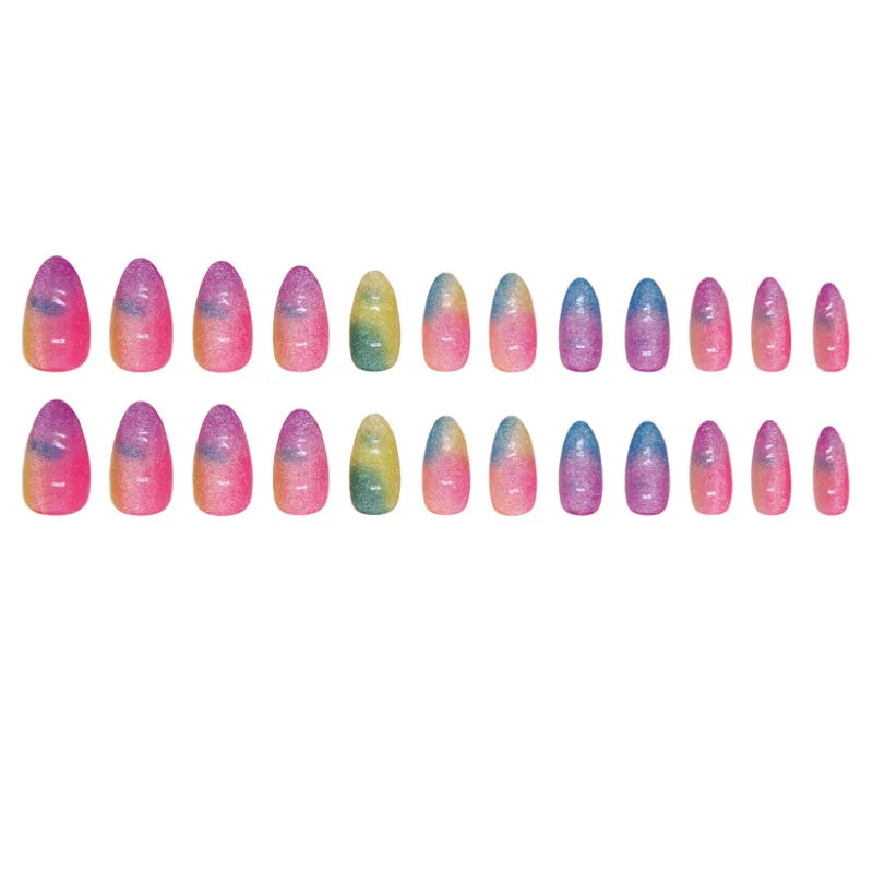 24pcs Almond Cat Eye Tie-Dye Fake Nails – Long French Tips Press-On, Full Cover Detachable Candy Halo False Nails