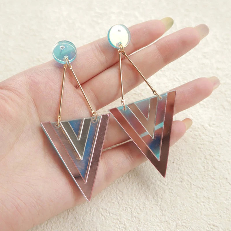 Fashion Laser Cut Geometric Acrylic Earrings - Exaggerated Reflective Inverted Triangle Long Dangle Earrings for Women