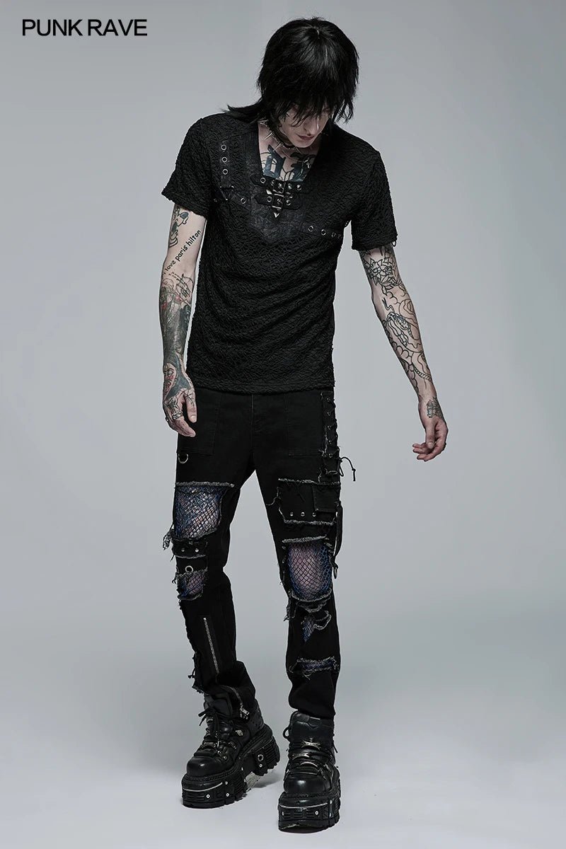 PUNK RAVE Men's Gothic Daily Personality Stylish Mesh V-neck Short Sleeve T-shirt Slim Fit Black Tops Spring Summer