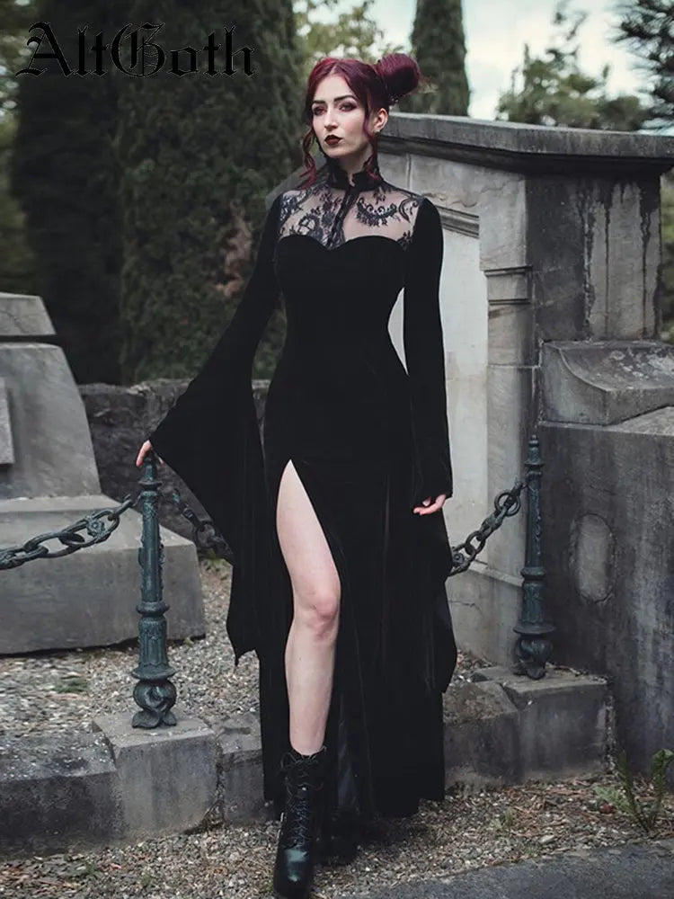 AltGoth Halloween Velvet Gothic Dress - Vintage Lace Flare Sleeve Witch Party Dress for Women