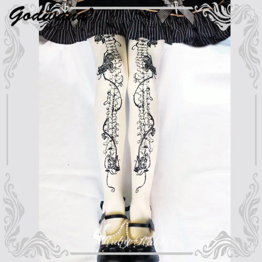 Lolita Printed Pantyhose Stockings Female White Halloween Cosplay Tights Pantyhose Spring Women's Gothic Bottoms Sexy Long Socks