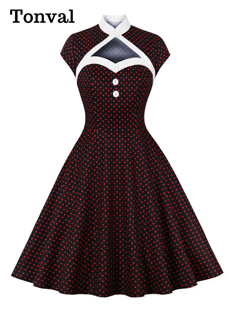 Tonval Stand Collar Hollow Out Front Button Evening Party Dresses Women Cap Sleeve Polka Dot Vintage Dress Elegant Female