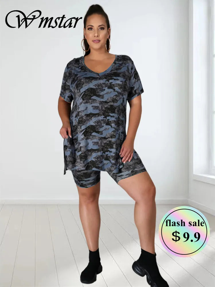 Wmstar Plus Size Two Piece Set Camouflage Women's Clothing Short Sets Matching Top and Pants Suit Summer Wholesale Dropshipping