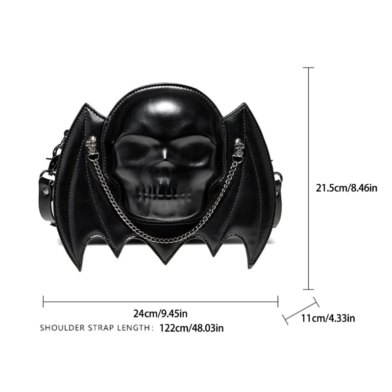 Gothic Punk Skull-Shaped Shoulder Bag – Women’s Halloween Purse with Chain, Black Bat Wing, Adjustable Crossbody Bag