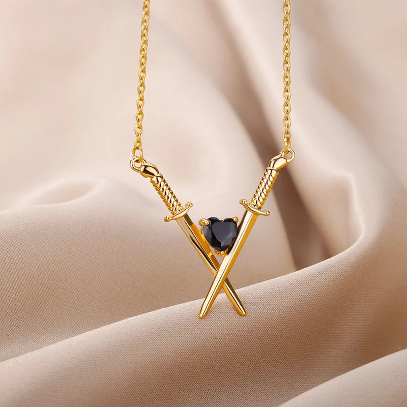 Vintage Gothic Sword and Heart Pendant Necklace: Stainless Steel Gold Color Necklaces for Women, Couple Aesthetic Jewelry