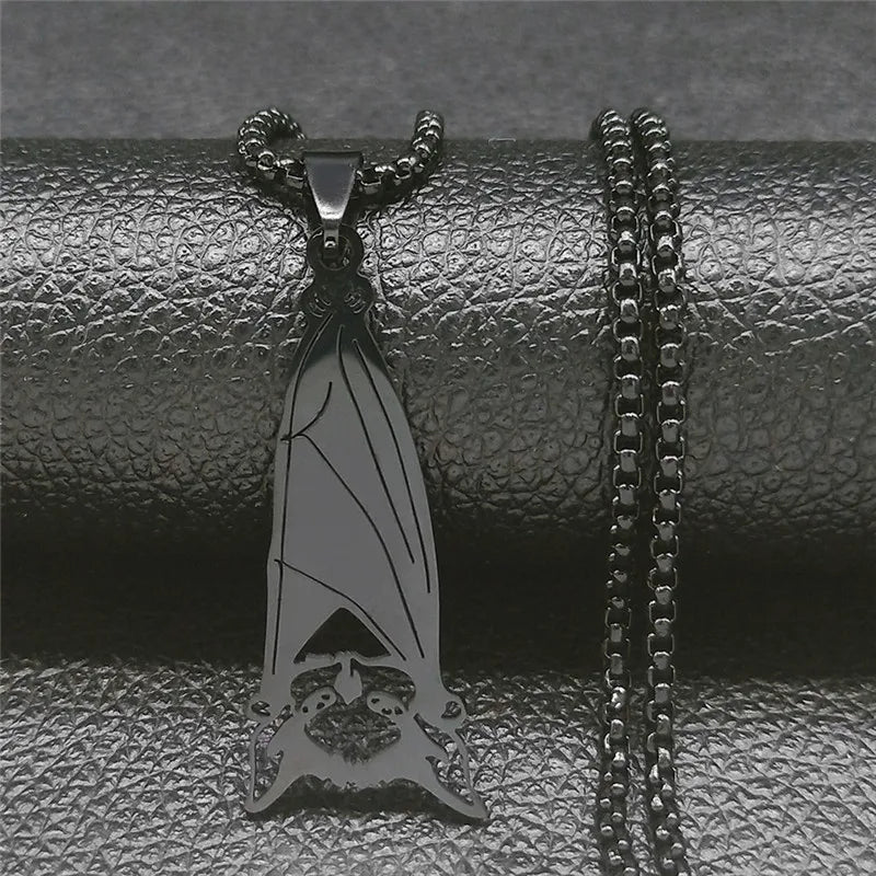 Fashion Gothic Bat Stainless Steel Chain Necklace | Black Color Punk Long Necklaces Jewelry for Women/Men