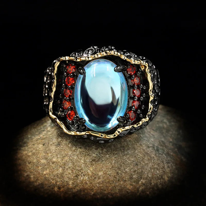 Black Gold Look |Hollow Moonlight Ring | Fashion Red Gemstone Embellished Women's Jewelry