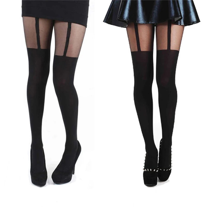 Hot Selling Sexy Women's Black Fake Garter Belt Suspender Tights - Over The Knee Hosiery Stockings