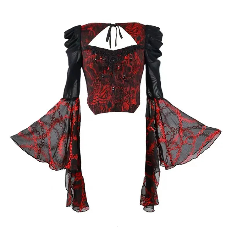 Blood Supply Original Gothic Blouse – Red & Black Rose Embroidered Lace, Long Flying Sleeves, Hollow Out Halloween Mesh Punk Top