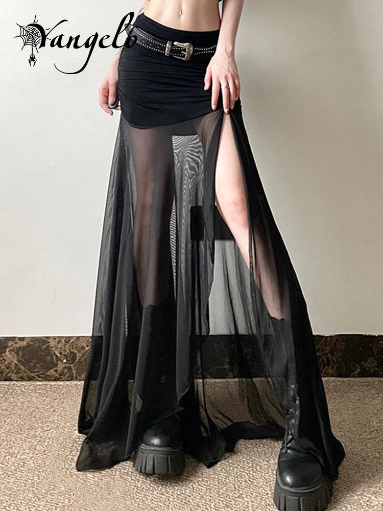 Yangelo Gothic Street Style Pure Color Slim Fit High Waist Net Yarn Split Skirts 2024 Summer Women's Fashionable Skirt