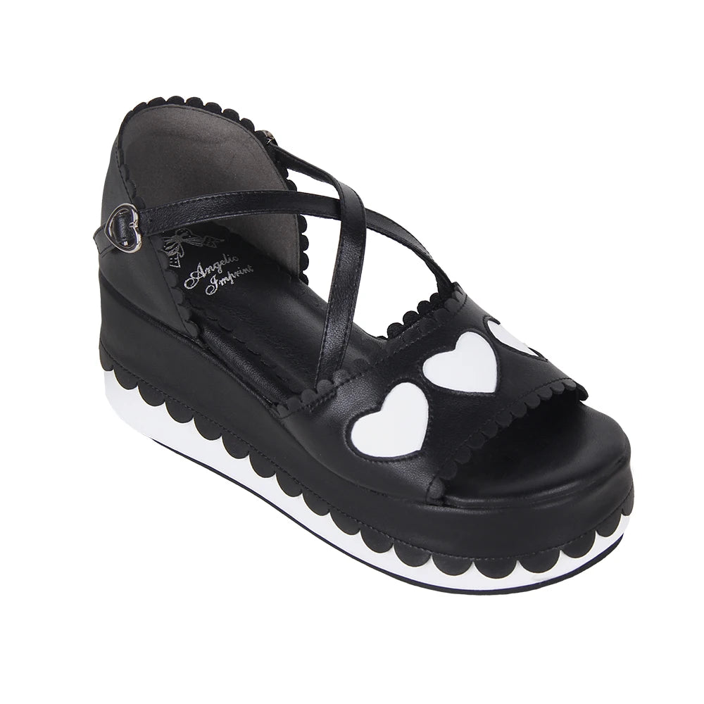 Women and Girls Lolita Punk Rock Black and White Sandals - 7cm Platform Shoes with Heart Accents