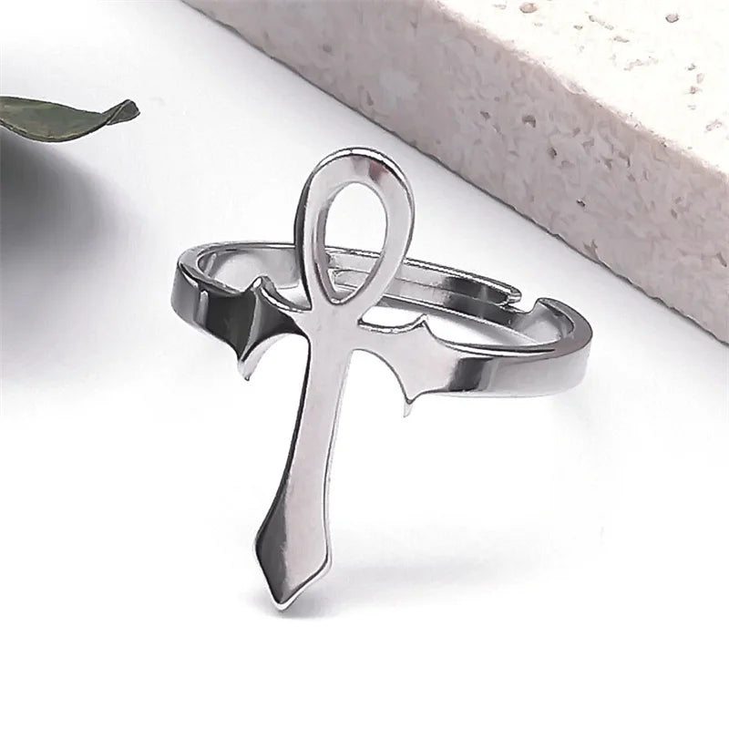 Egyptian Ankh Cross Ring - Stainless Steel Anubis Life Symbol, Adjustable Egypt Trend Finger Ring Party Jewelry Gift for Women Men