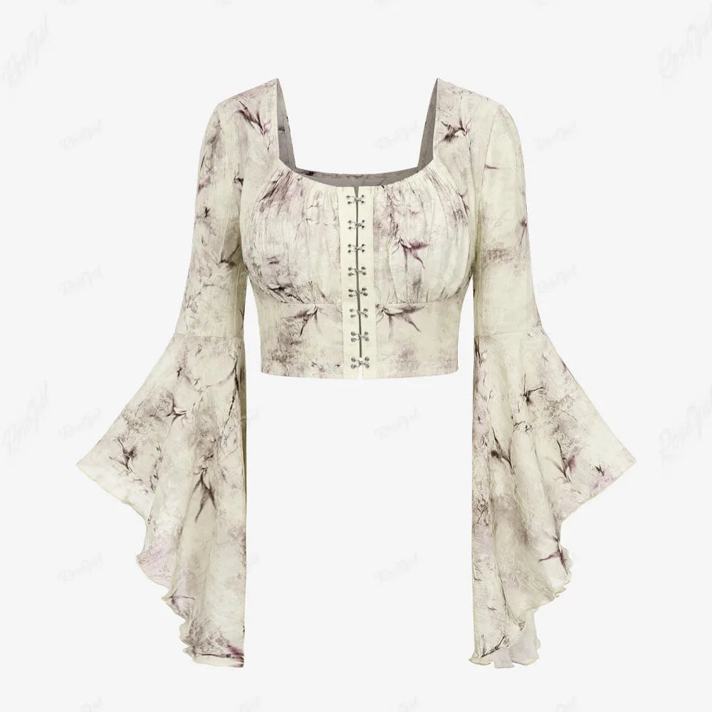 ROSEGAL Plus Size Gothic Ink Painting Print Cropped Blouse with Flare Sleeves