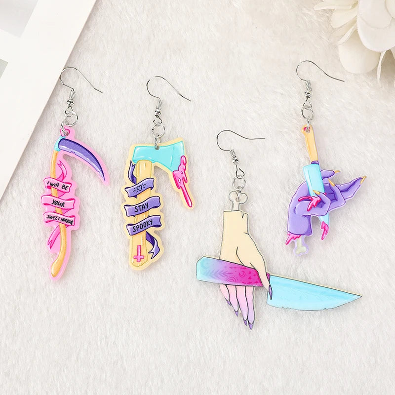 1 Pair Fashion Pastel Goth Skeleton Knife Dangle Earrings