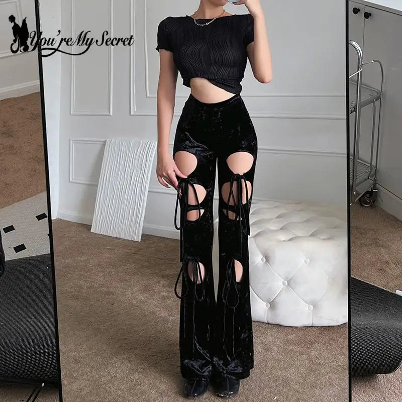 [You're My Secret] Goth Hollow Out Dark Velvet Pencil Pants Aesthetic Punk Sexy High Waist Trouser Y2K Bandage Women Bell Bottom