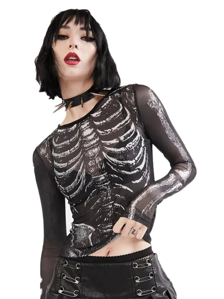 Gothic Punk 2000s Women's Skeleton Pattern Crop Top - Black Round Neck Long Sleeve Y2K Streetwear