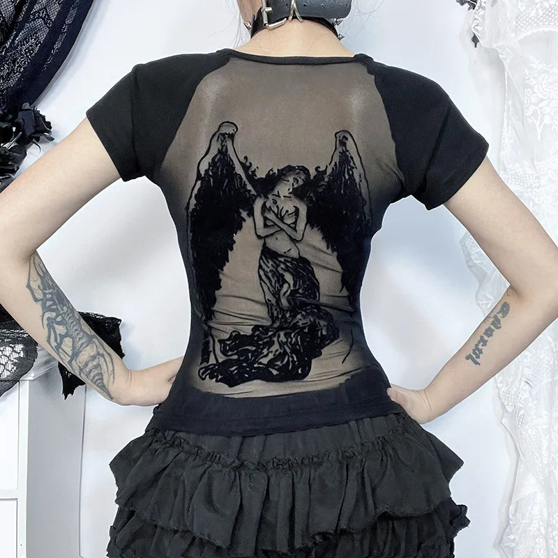 InsGoth Backless Printed Mesh T-Shirt Women’s Gothic Streetwear Grunge Slim Fit Alt Tops Y2K