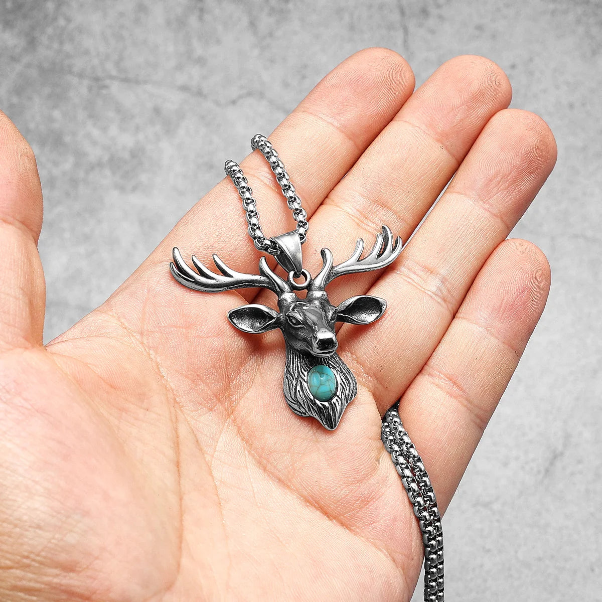 Deer Pendant Necklace for Men – Ancient Reindeer Design, Stainless Steel Gem Chain, Rock Punk Jewelry Gift for Friends