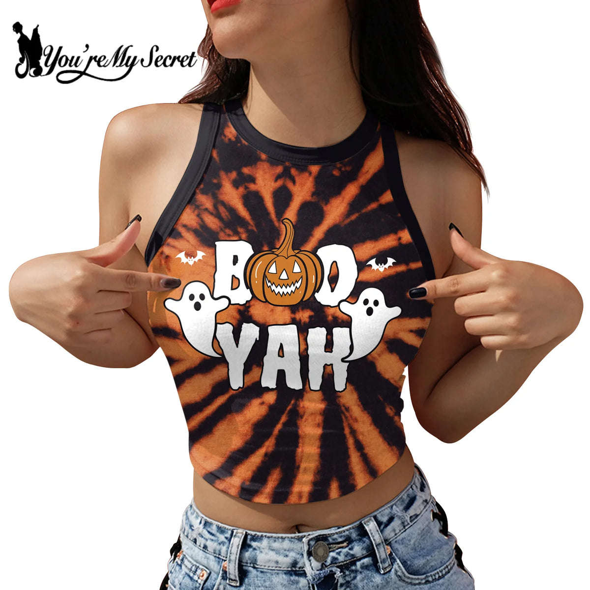 [You're My Secret] Halloween Party Pumpkin Skull Printing Tight Elastic Tie dye Tank Top For Women Summer Y2K Gothic Top